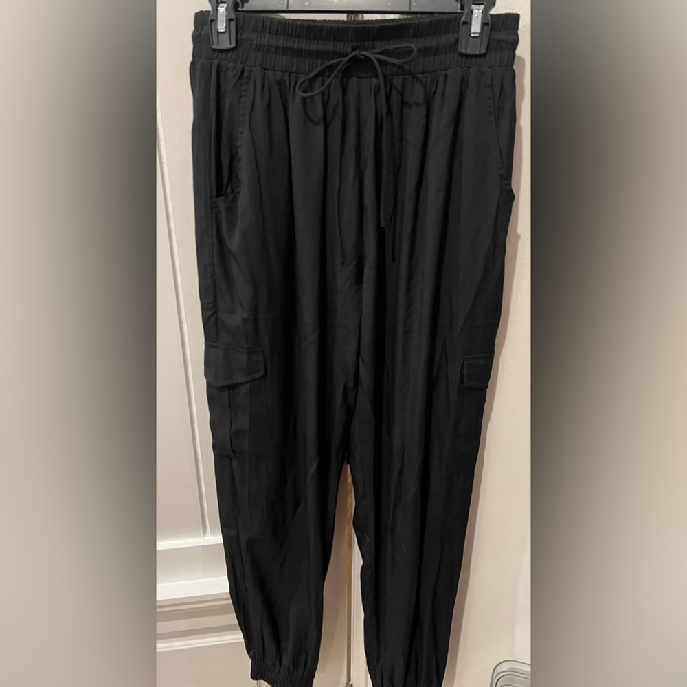LIKE NEW - Pinch Cargo Joggers Black Satin Size Medium Elastic Drawstring Waist